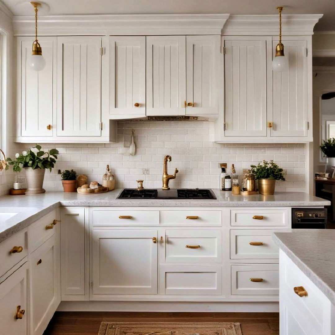 beadboard cabinets with antique gold pulls