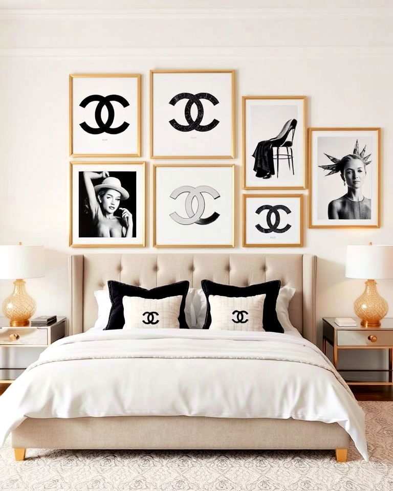 bedroom with chanel inspired wall art