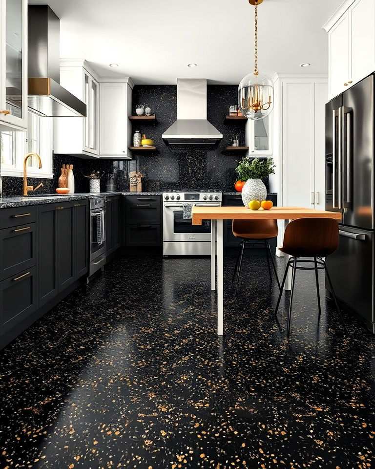 black and gold flecked terrazzo floors