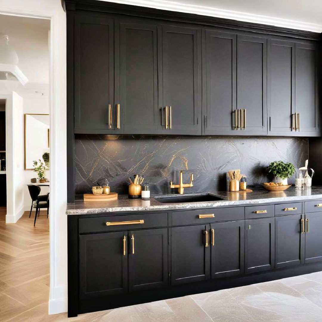 black cabinets with gold accents