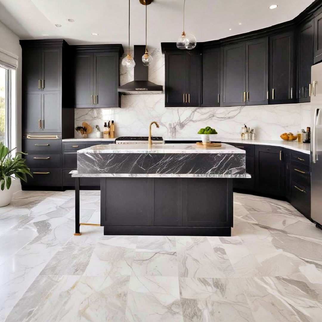black cabinets with marble surfaces