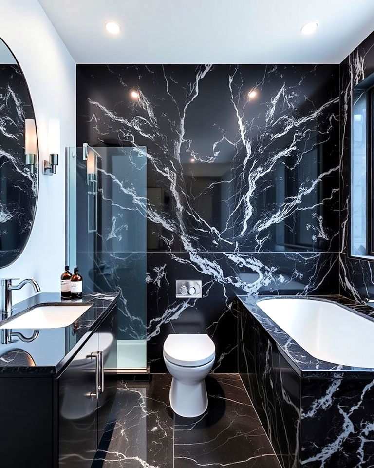 black marble accent wall in bathroom
