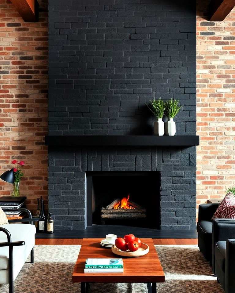 black slate fireplace with industrial accents