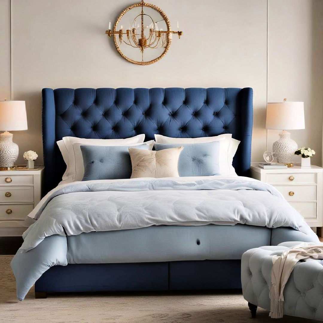 blue headboard with tufting for classic elegance