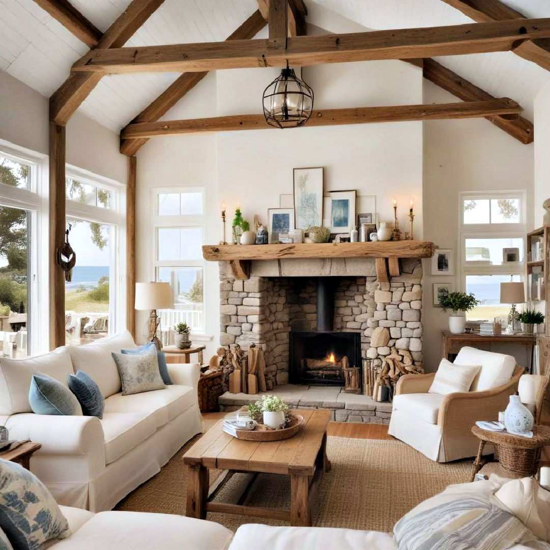 coastal cottage with driftwood beams