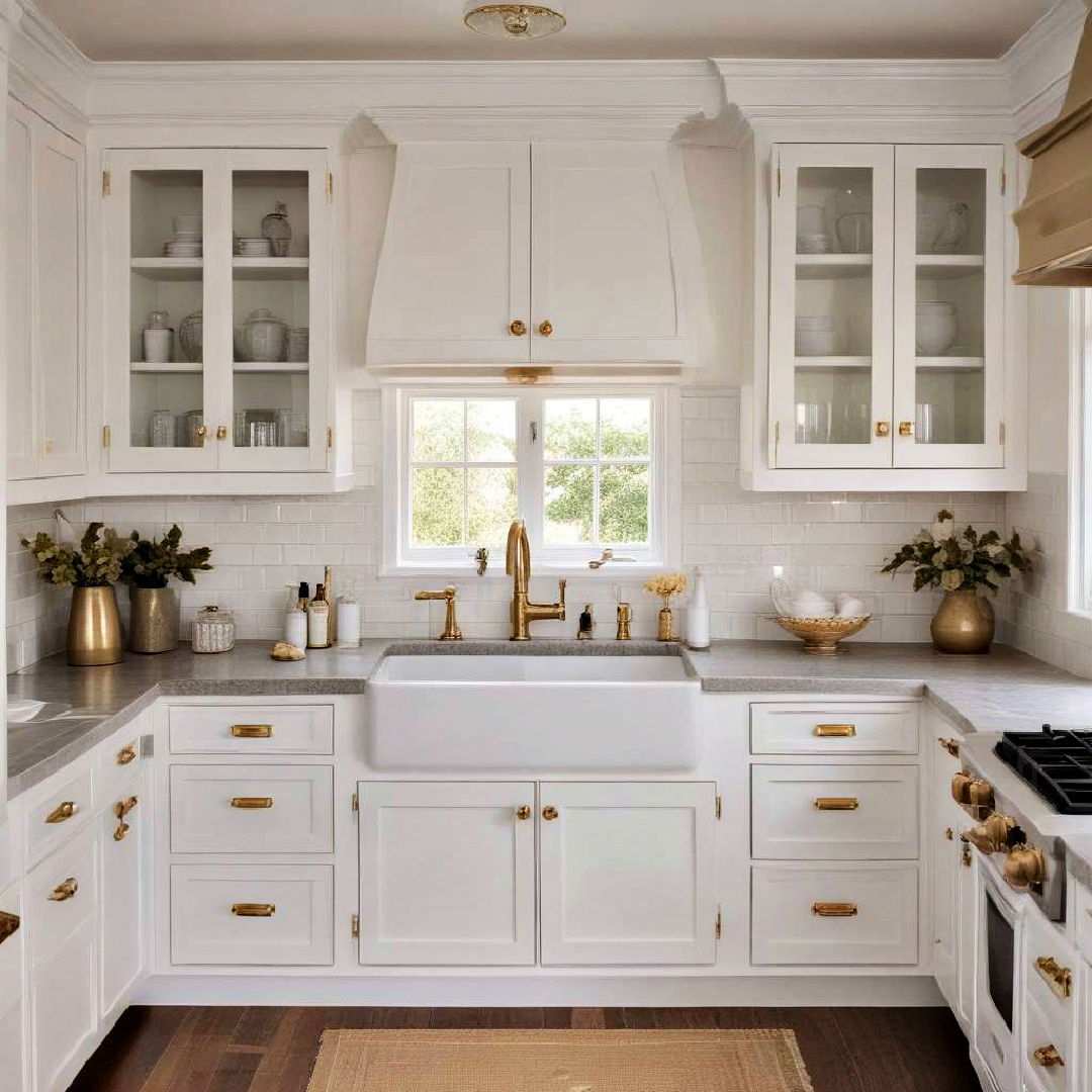cottage style cabinets with gold latches