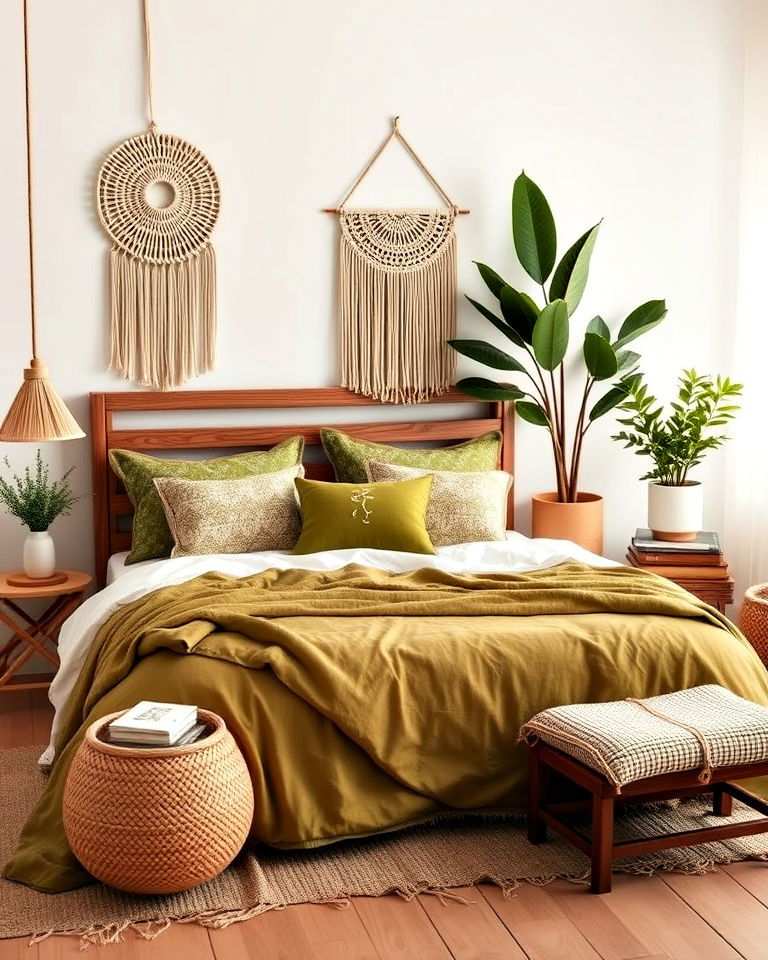 create a bohemian look with olive green accents