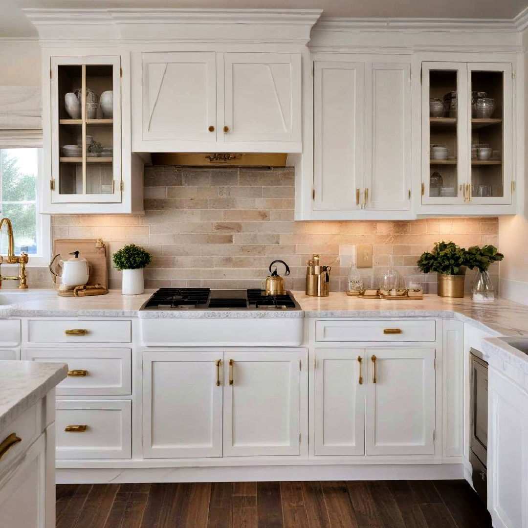 distressed white cabinets with brushed gold accents