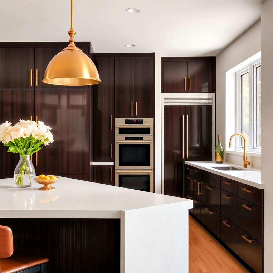 espresso brown cabinets with gold accents