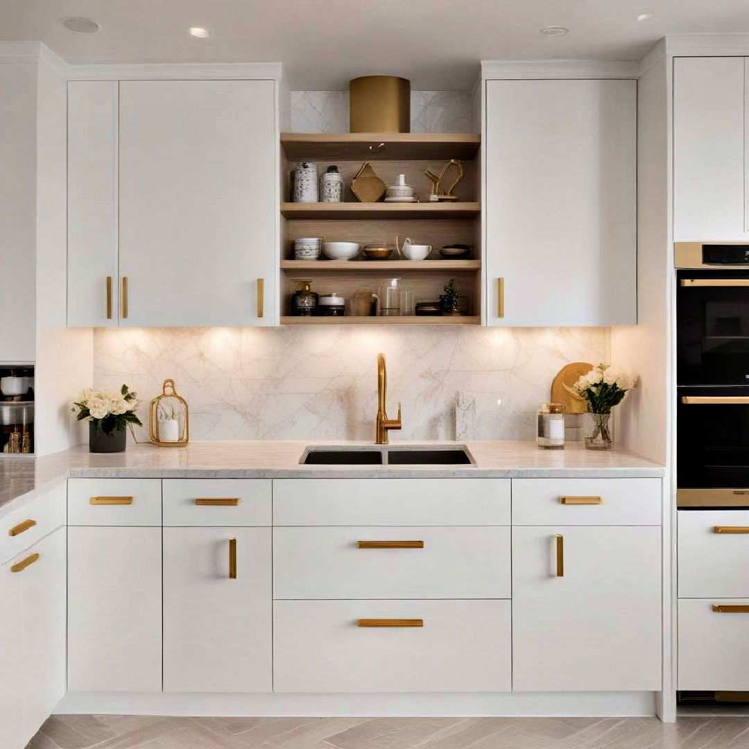 flat panel cabinets with gold bar handles