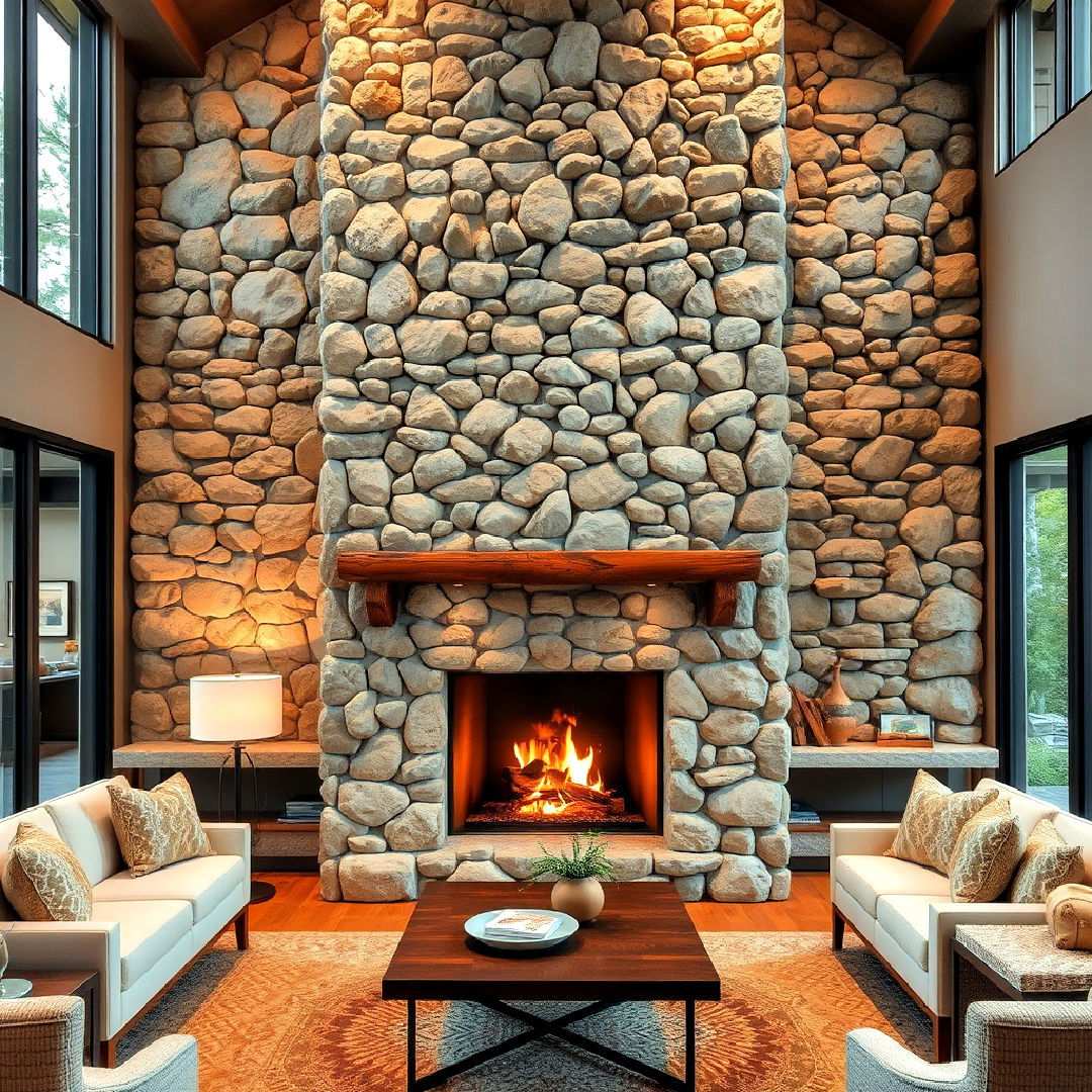 floor to ceiling river rock design fireplace