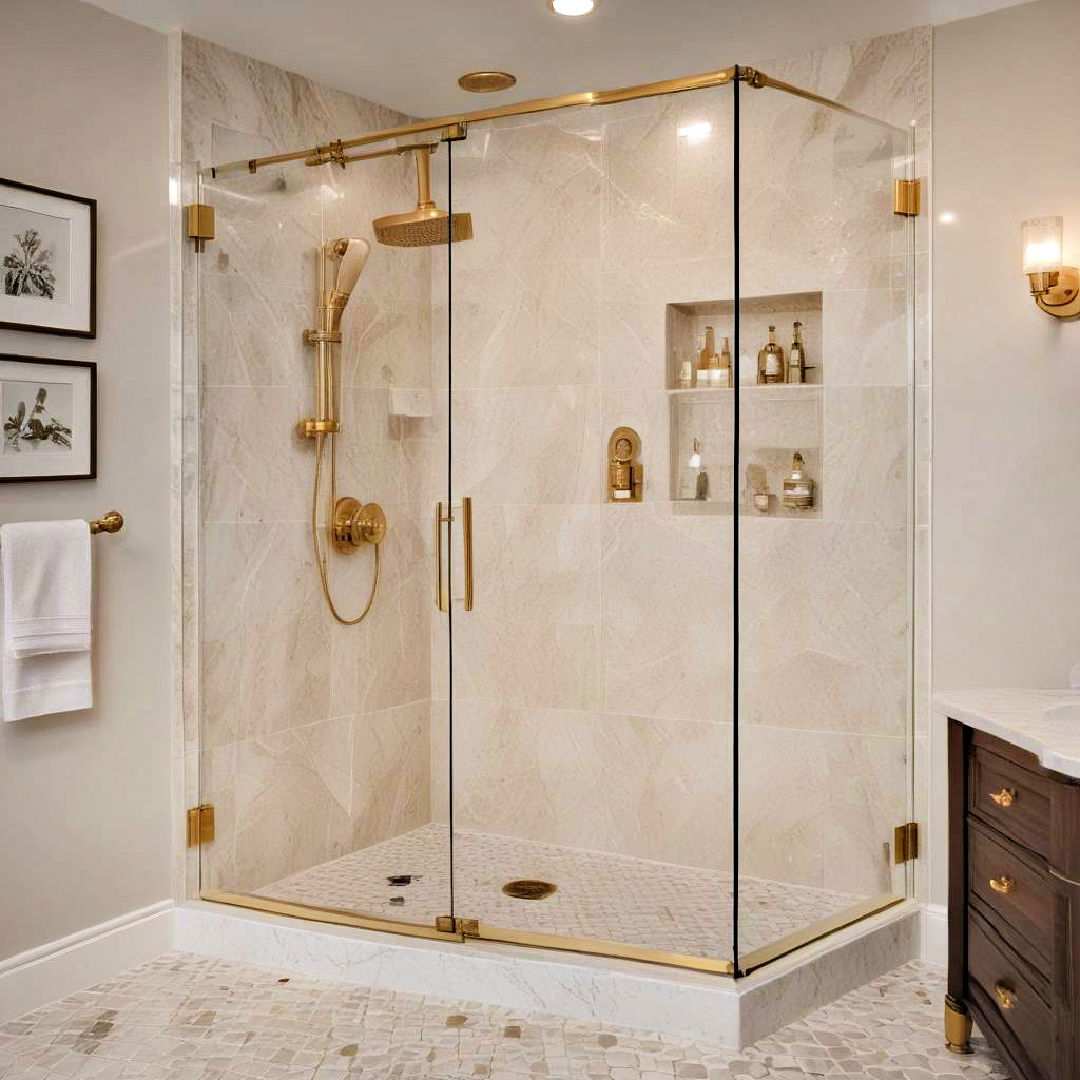 frameless corner shower with gold fixtures