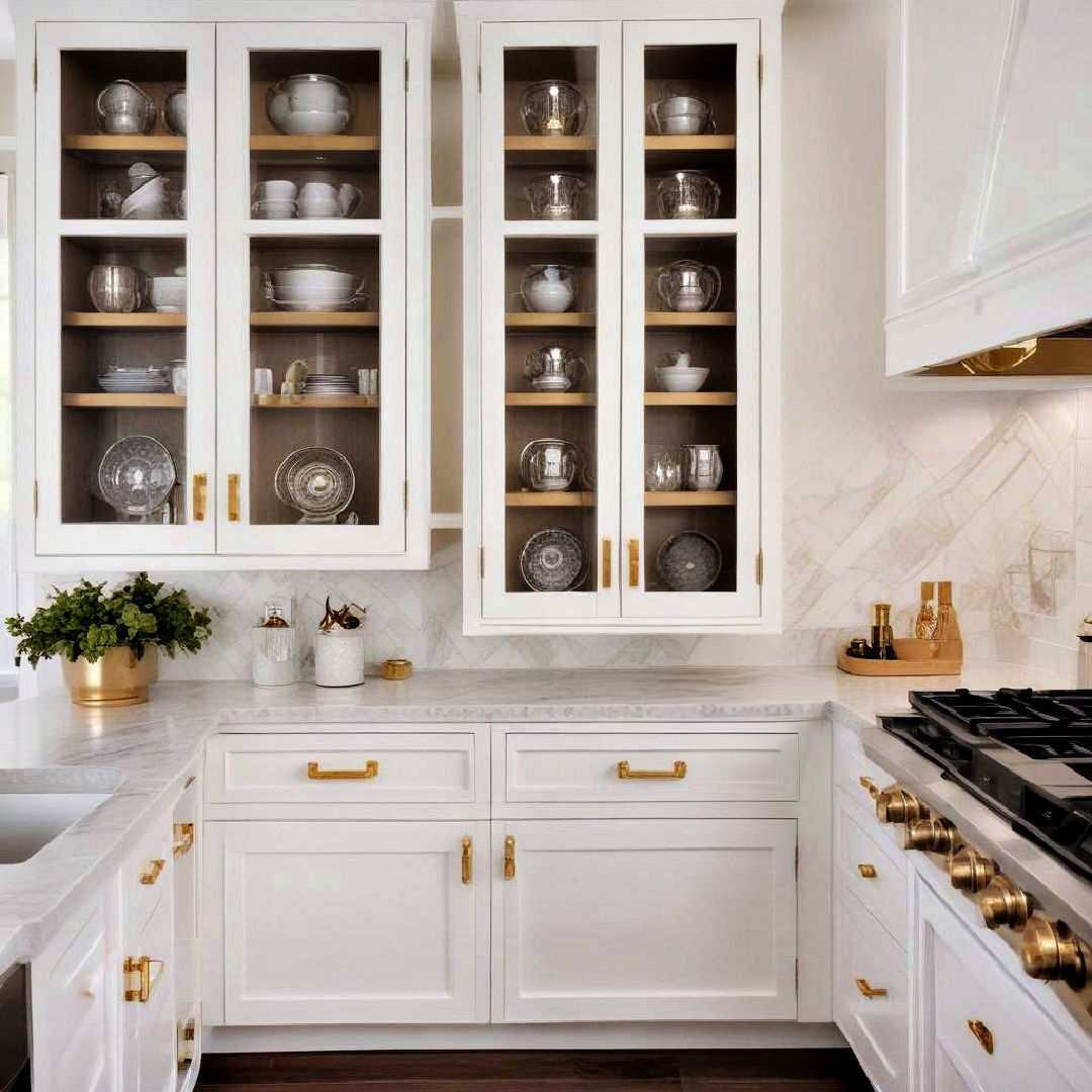 glass front cabinets with gold knobs