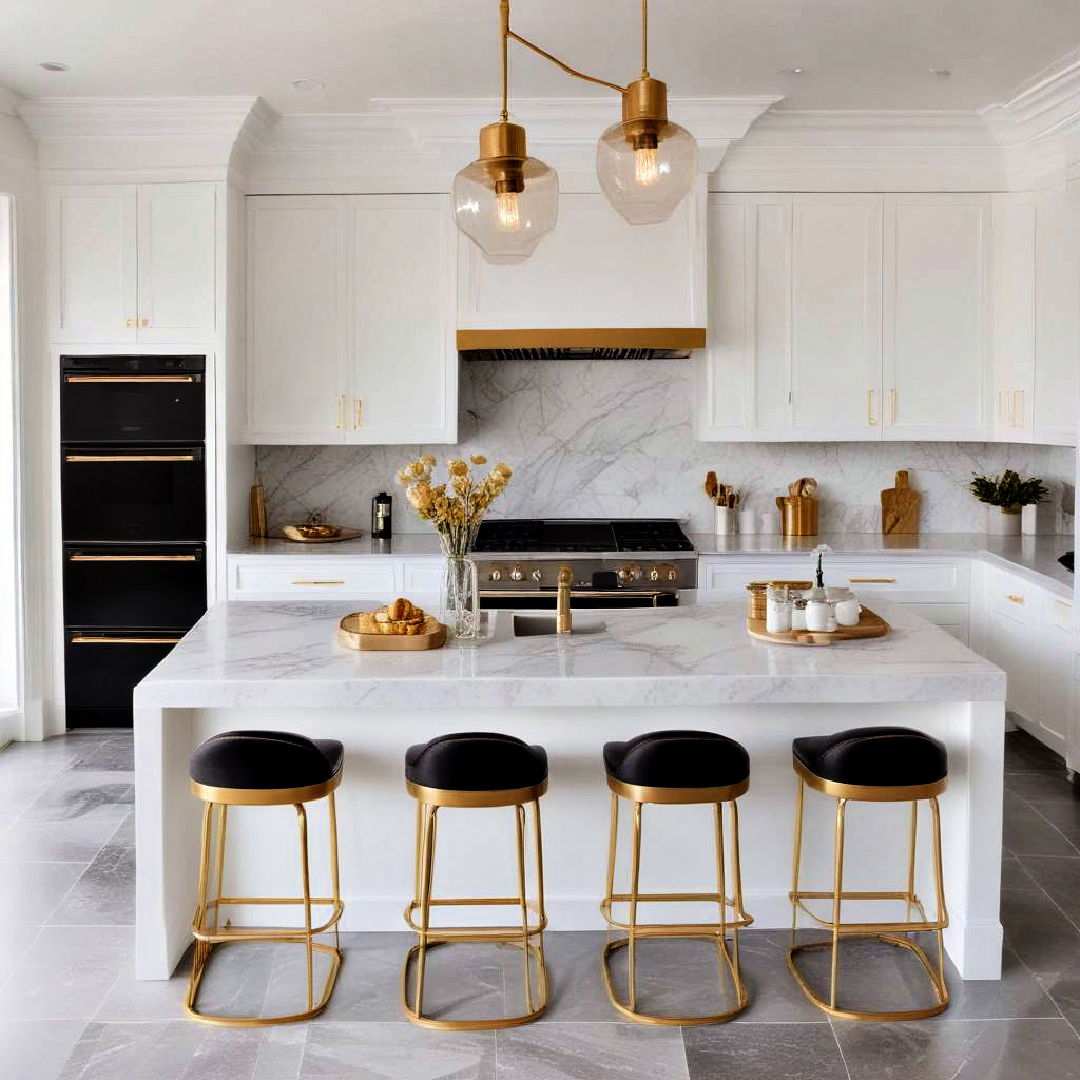 gold bar stools at a white kitchen island