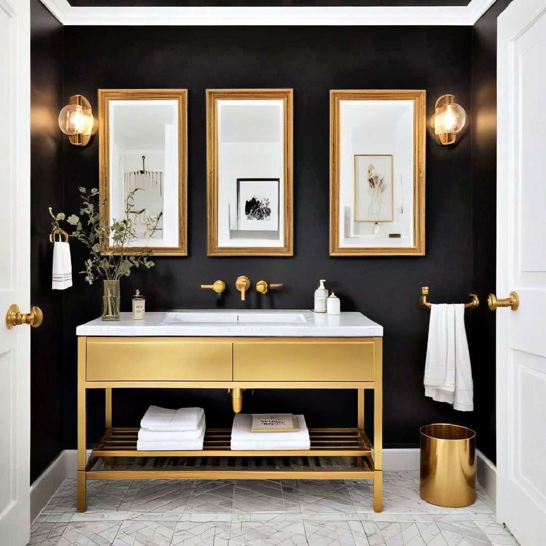 gold framed artwork on black walls for visual interest