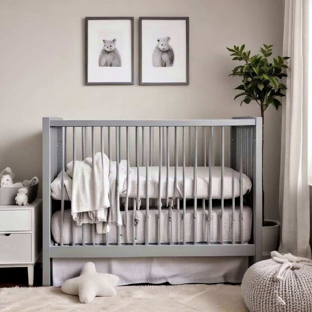 grey crib with light bedding