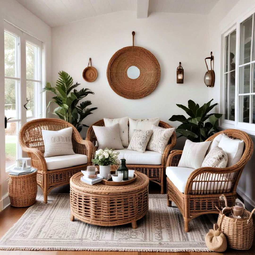 incorporate wicker and rattan furniture for coastal cottage vibes