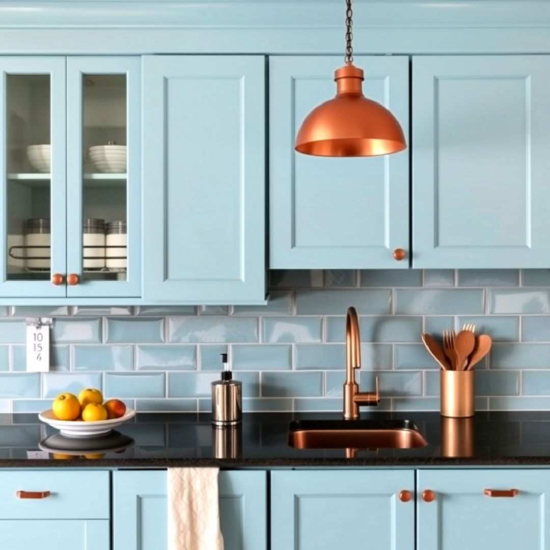 light blue cabinets with copper accents