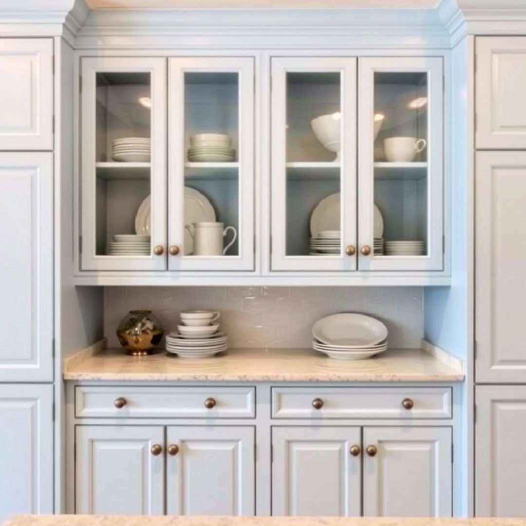 light blue cabinets with glass front doors