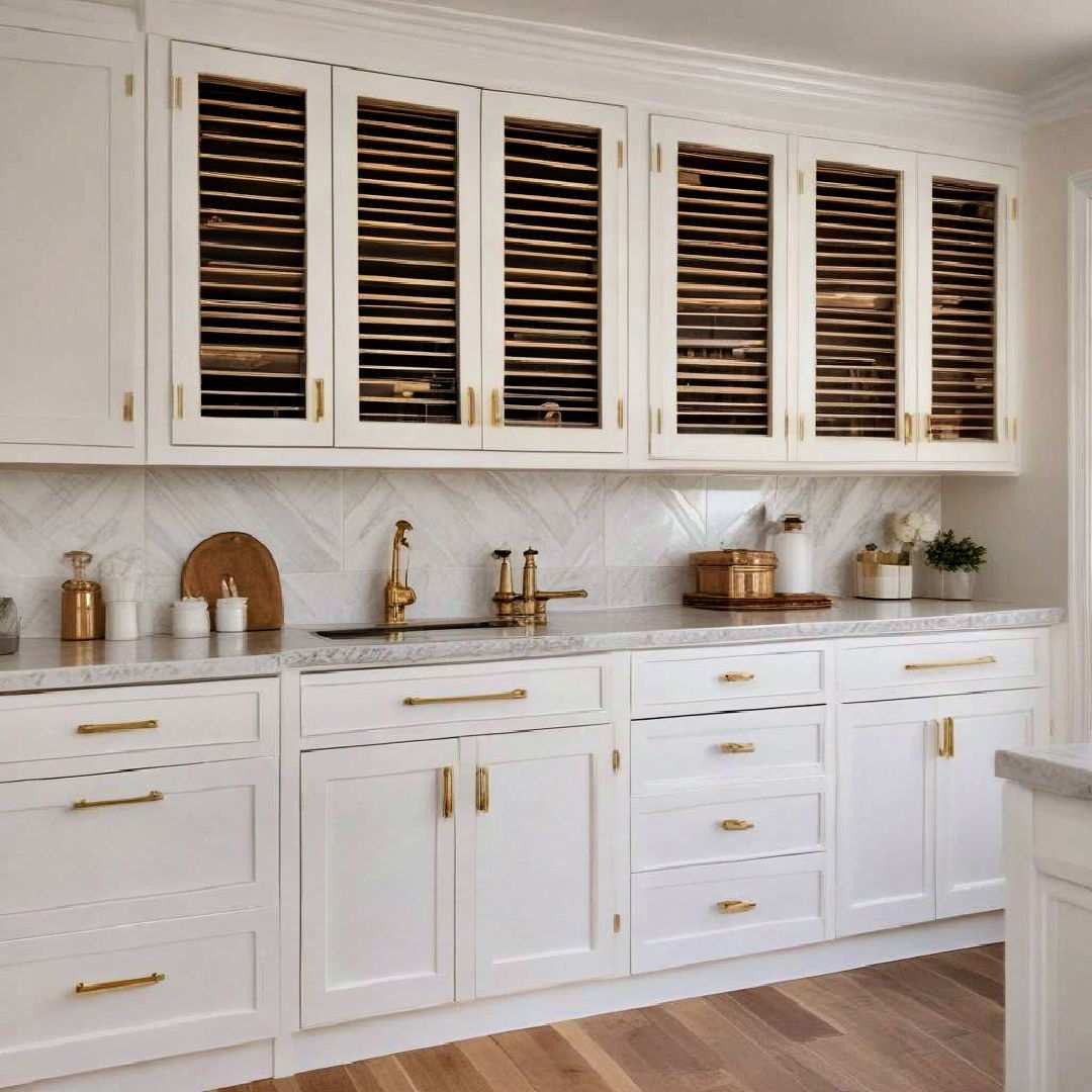 louvered cabinets with gold hinges