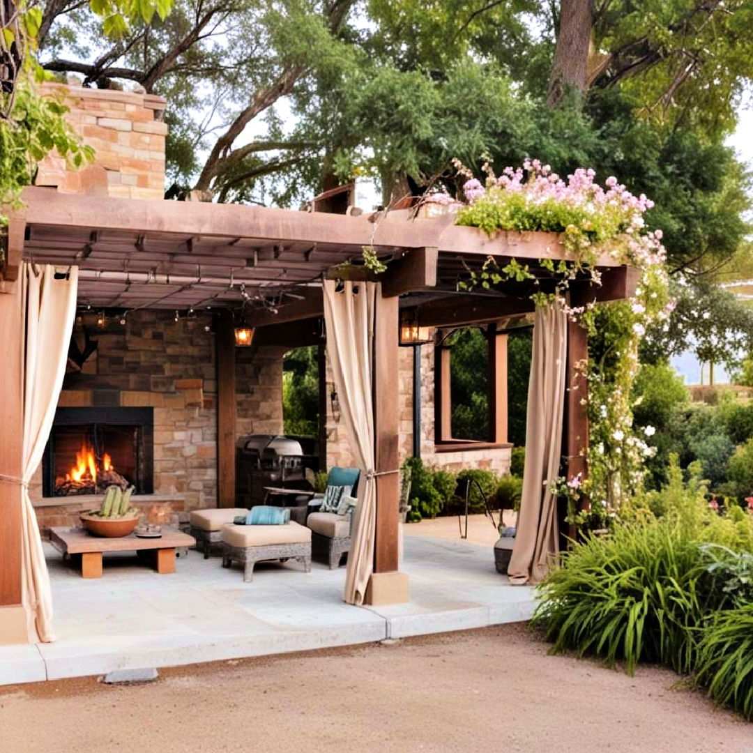 mediterranean inspired pergola with outdoor curtains
