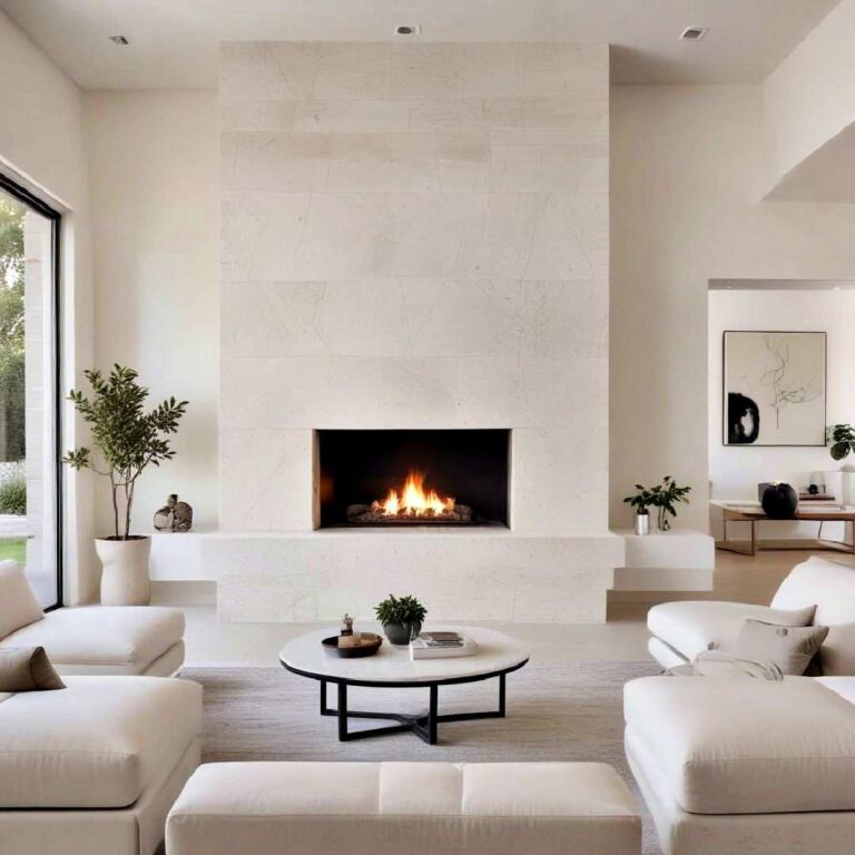 minimalist white stone fireplace with clean lines