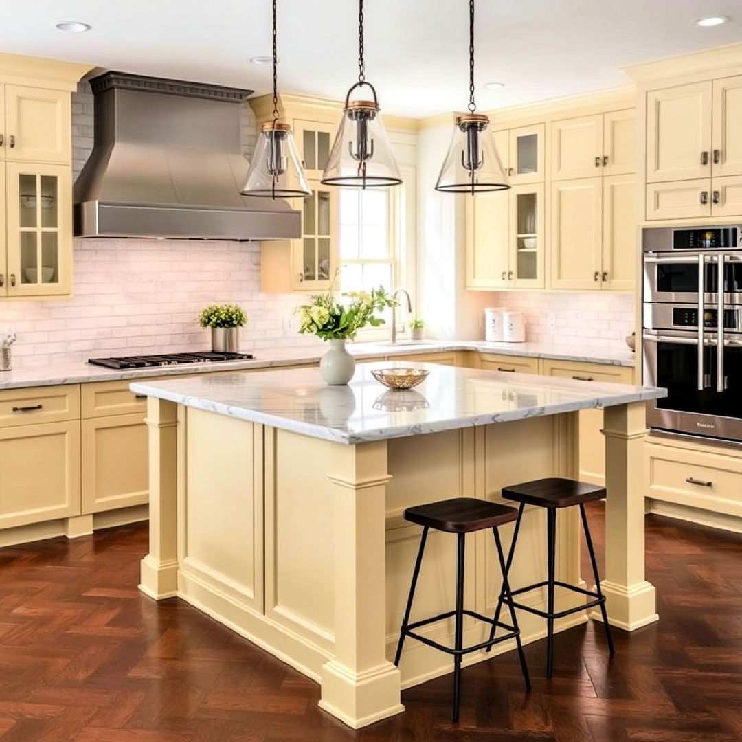 pale yellow island with marble countertop