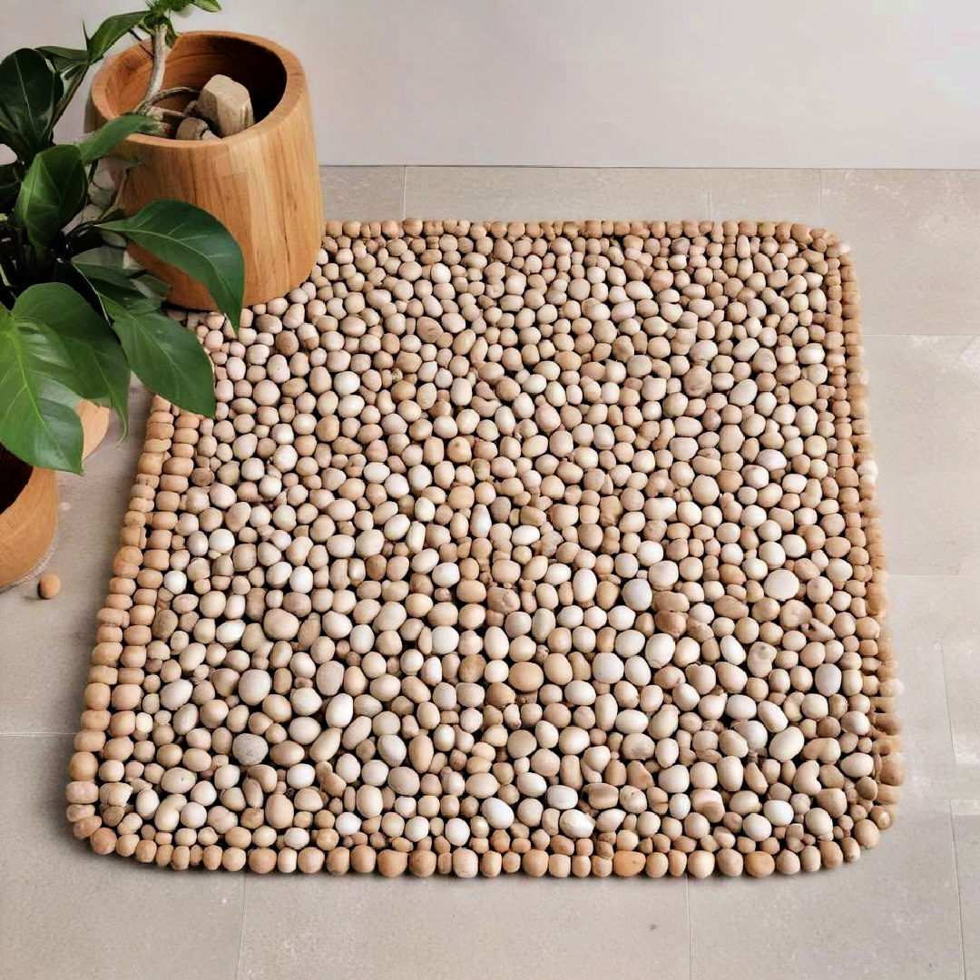 pebble or wooden bath mats for a natural spa feel