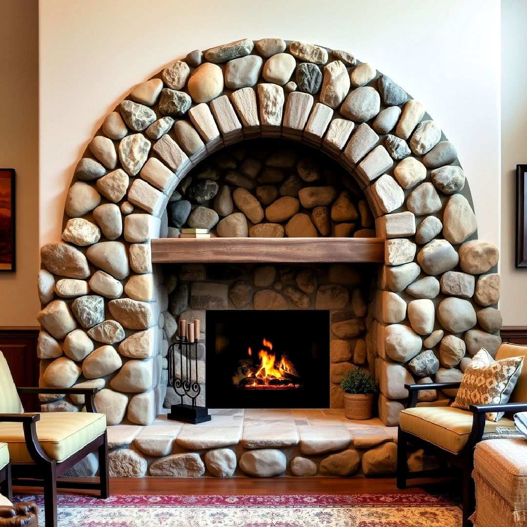 river rock fireplace with arched opening