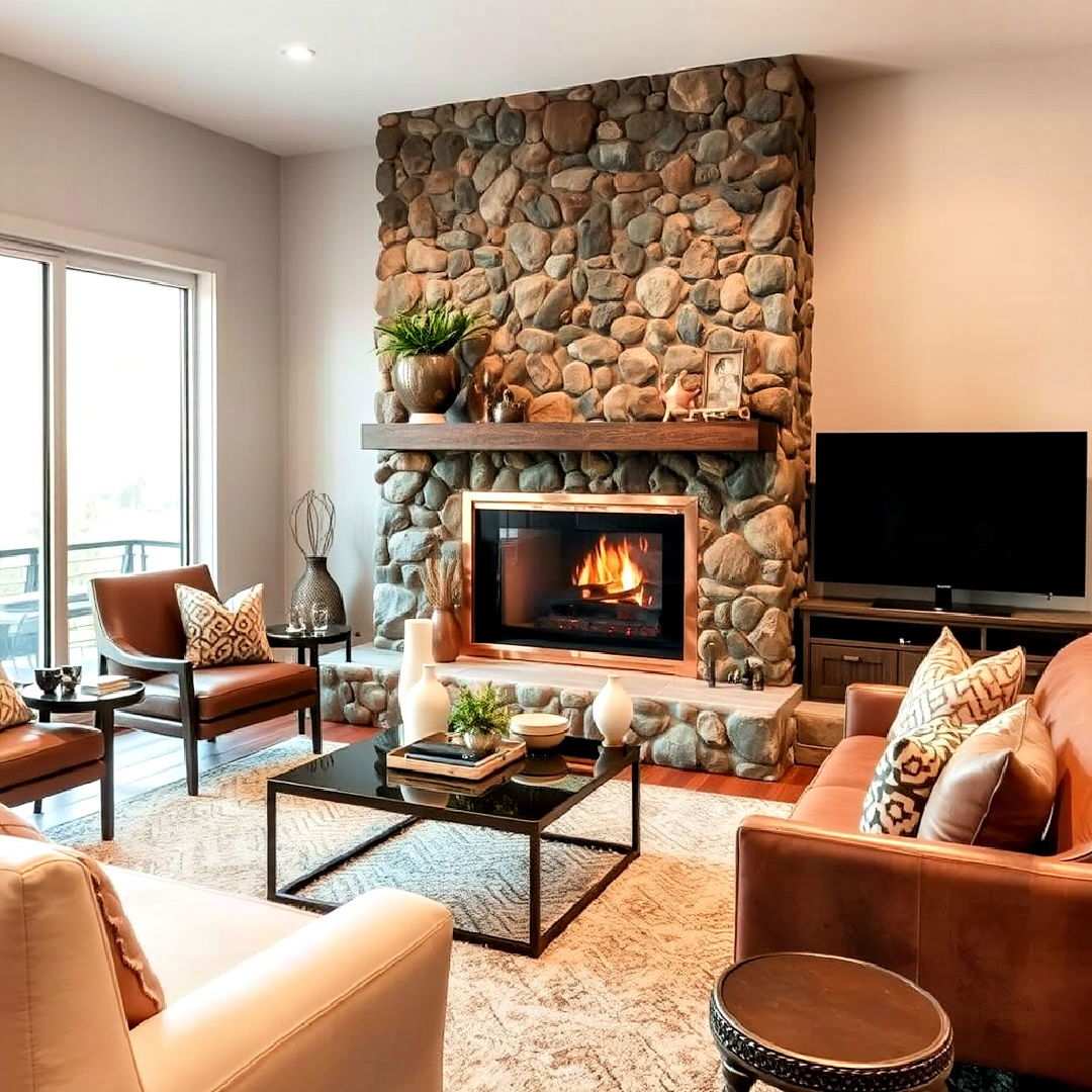 river rock fireplace with copper accents
