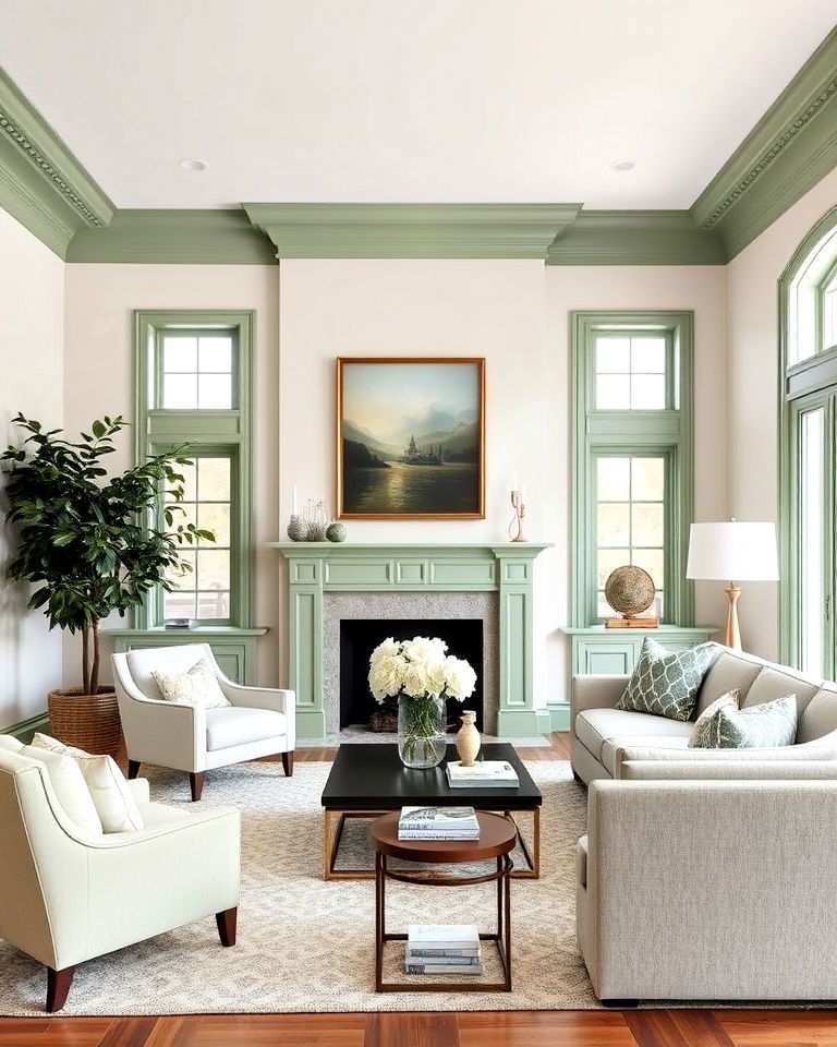 sage green trim and molding for depth