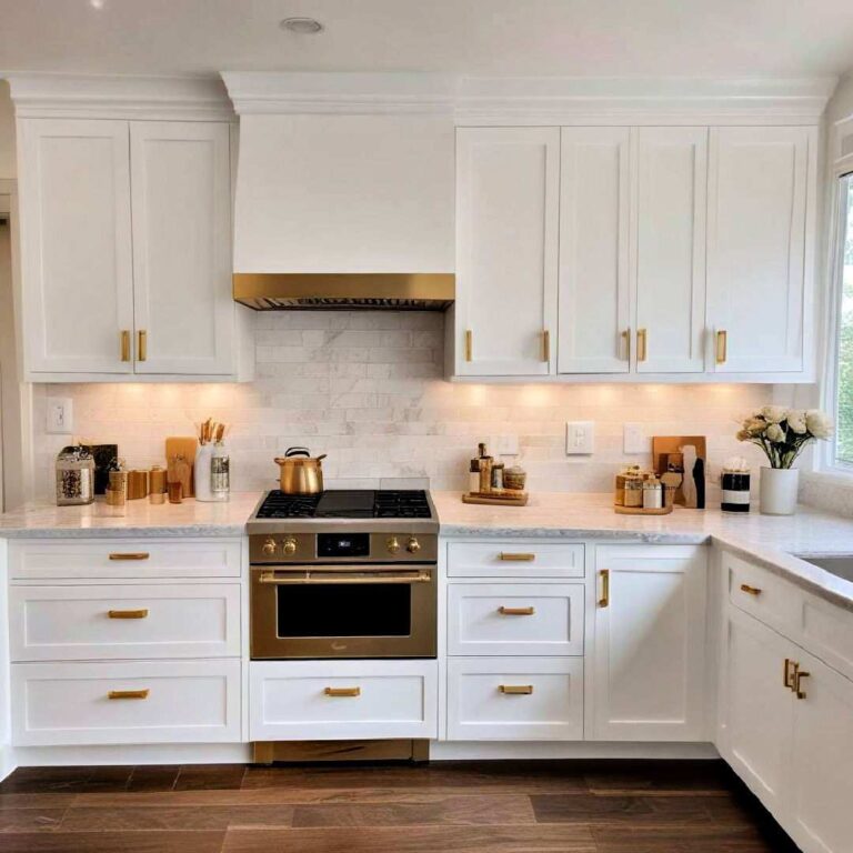 shaker style cabinets with brushed gold pulls