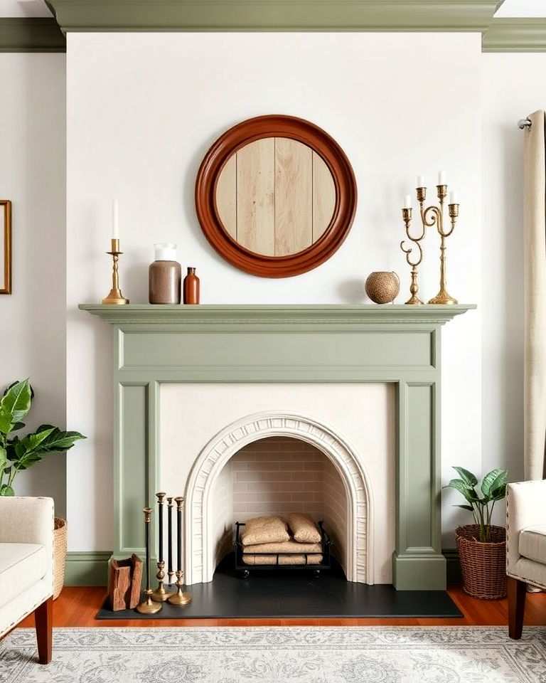 stunning sage green fireplace mantel