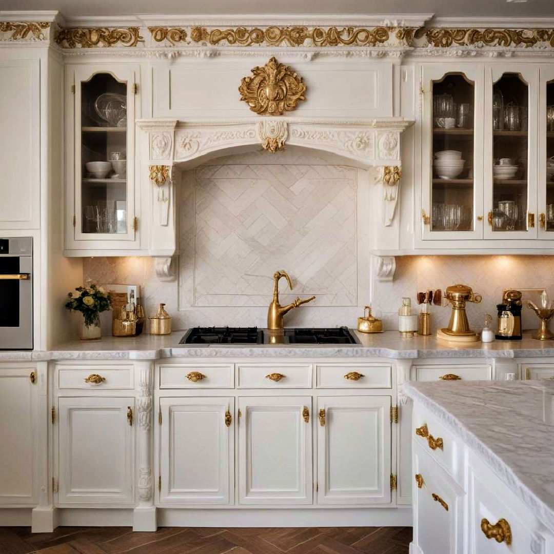 vintage inspired cabinets with ornate gold handles
