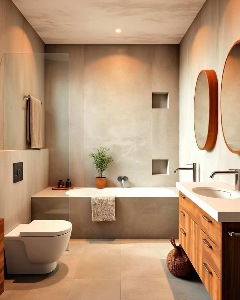 warm toned concrete finish bathroom